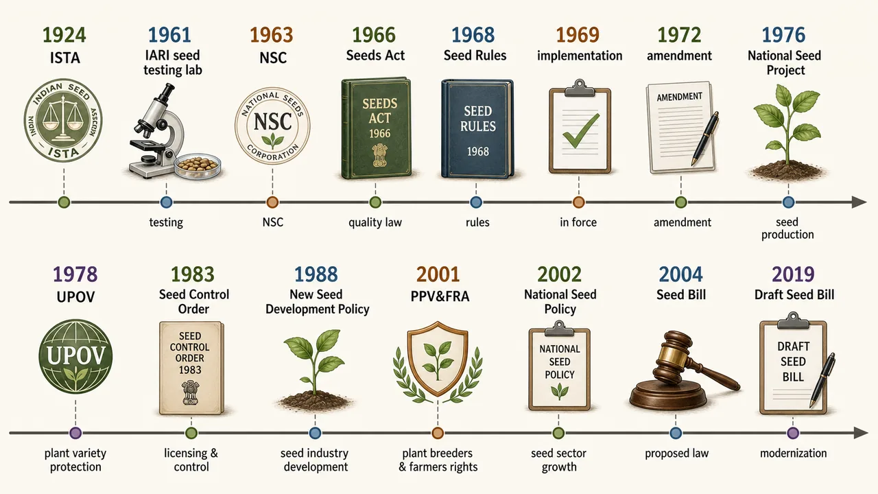 Timeline of Indian seed legislation milestones from ISTA 1924 to Draft Seed Bill 2019 including IARI lab, NSC, Seeds Act, Seed Control Order, PPV and farmers rights