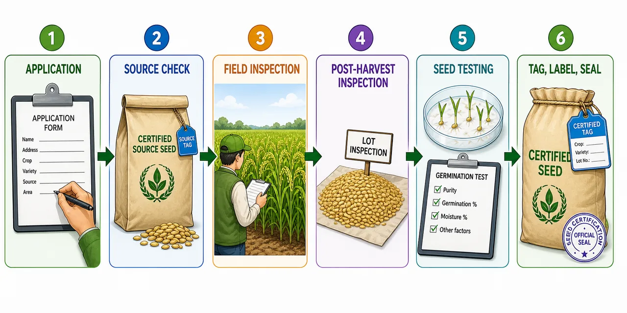 Six phases of seed certification showing application, source verification, field inspection, post-harvest inspection, seed testing, and issue of tag, label, and seal