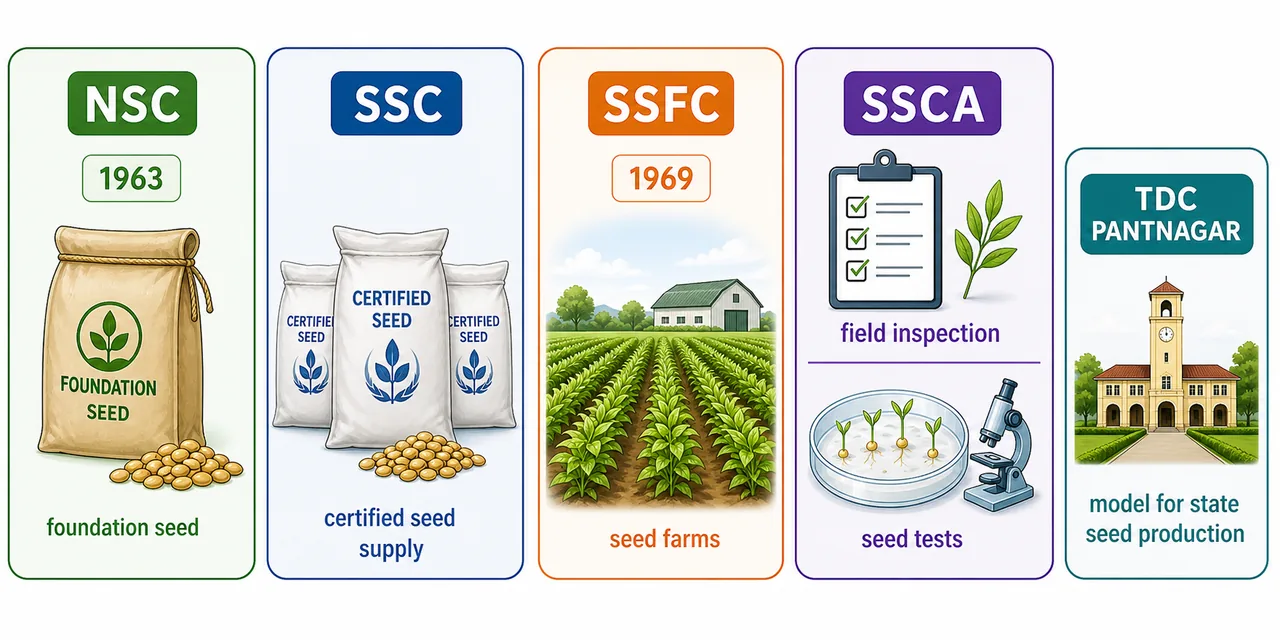 Seed certification agencies comparison showing NSC, SSC, SSFC, SSCA, and TDC with their main roles in seed production, farms, inspection, and testing