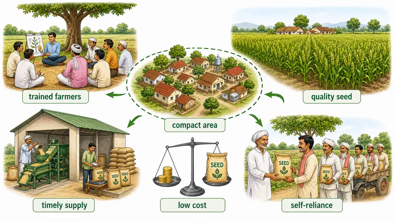 Seed Village concept showing compact village seed production, trained farmers, local processing, and timely low-cost supply of quality seed to nearby farmers