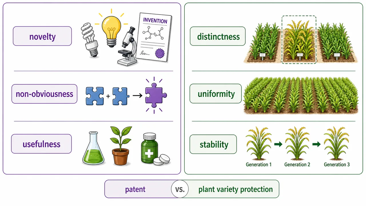 Patentability versus DUS testing comparison showing novelty, non-obviousness, usefulness on one side and distinctness, uniformity, stability on the other for plant variety protection