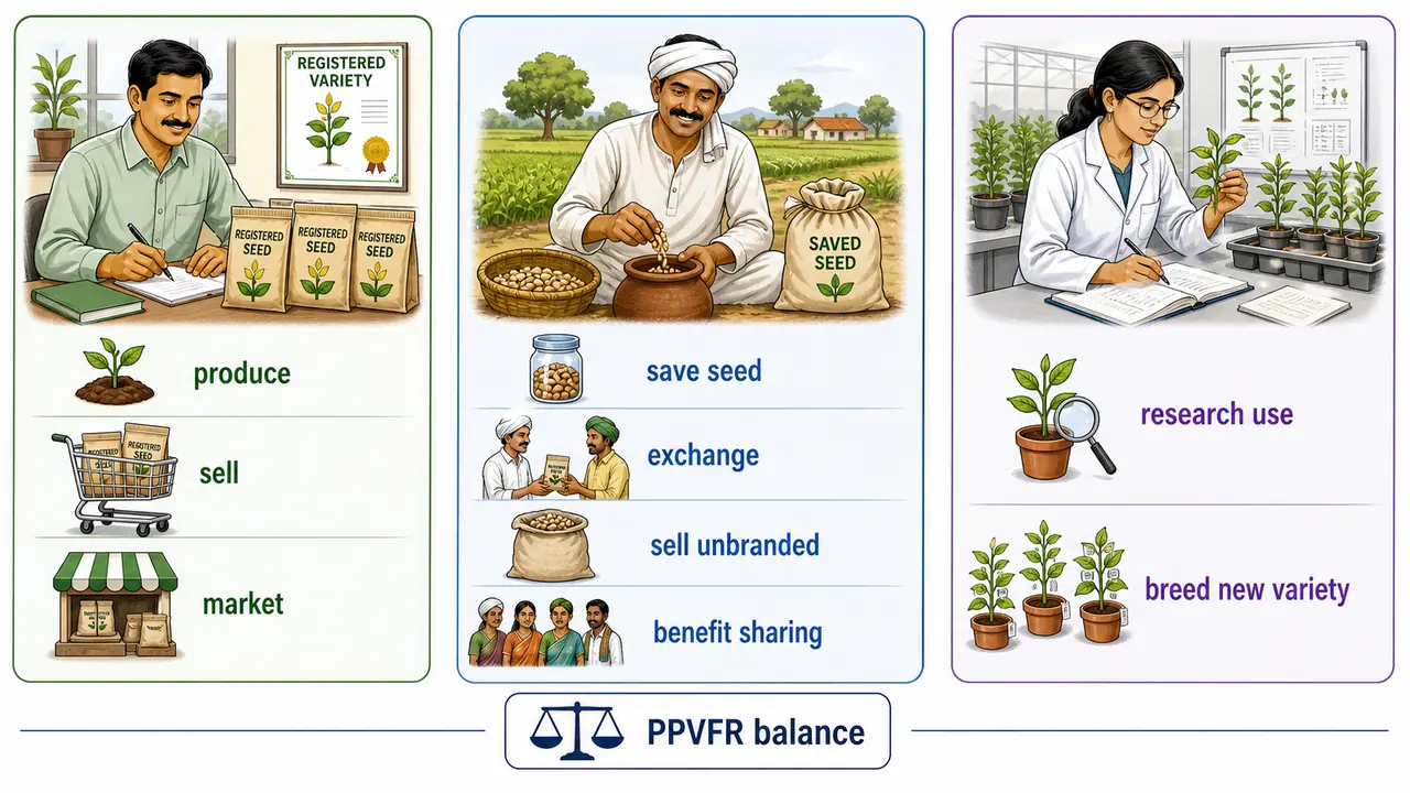 PPVFR rights balance showing breeders rights to produce and market, farmers rights to save and exchange unbranded seed and benefit sharing, and researchers rights to use registered varieties for research and breeding