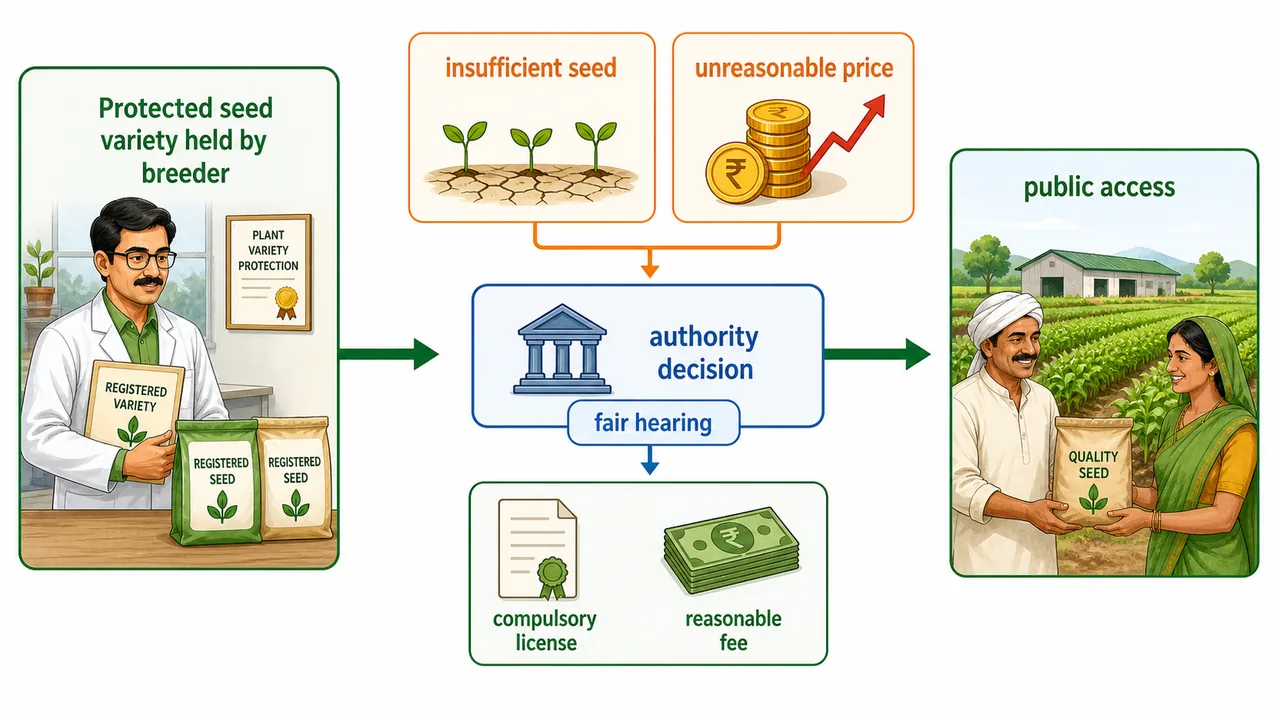 Public interest and compulsory licensing flow showing insufficient seed or unreasonable price leading to fair hearing and compulsory license with reasonable fee for public access