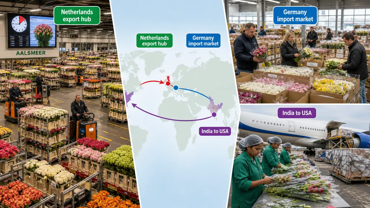 Global floriculture trade scene showing the Dutch auction export hub, Germany flower import market, and India flower shipments to the USA
