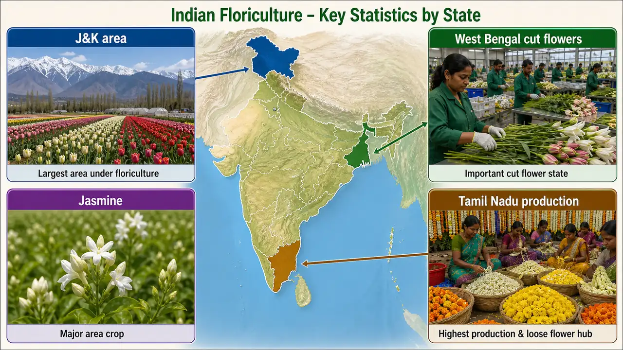 India floriculture teaching map showing Jammu and Kashmir for area, Tamil Nadu for production and loose flowers, West Bengal for cut flowers, and jasmine as the major area crop