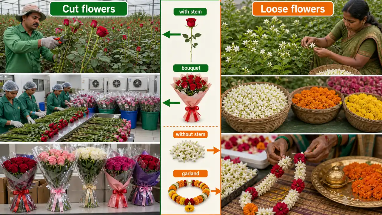 Cut flowers versus loose flowers comparison showing harvest with stems for bouquets and harvest without stems for garlands and offerings