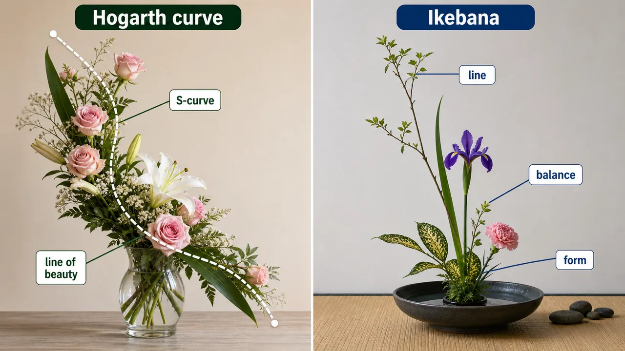 Floral design comparison showing the S-shaped Hogarth curve arrangement and the minimalist balanced Ikebana arrangement