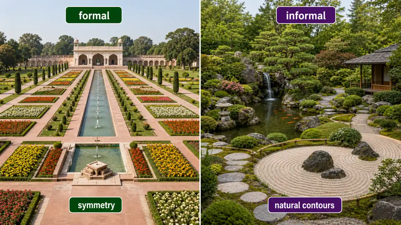 Formal and informal garden comparison showing a Mughal-style symmetrical garden and a naturalistic Japanese-style garden