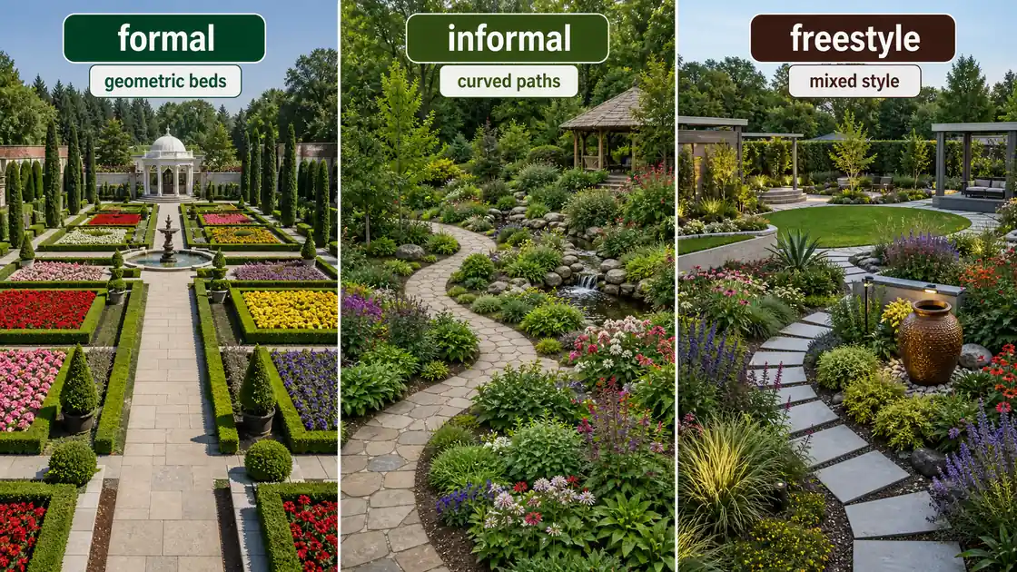 Three styles of garden design comparison showing formal, informal, and freestyle layouts