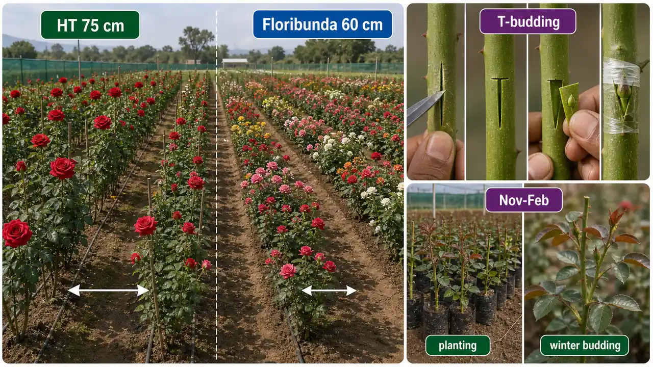 Rose field layout and propagation board showing Hybrid Tea and Floribunda spacing with T-budding on rootstock stems