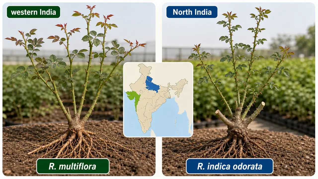 Rose rootstock comparison showing Rosa multiflora for western India and Rosa indica odorata for North India