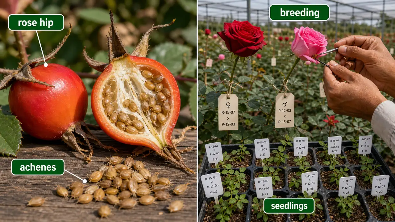 Rose hip and achene diagram with a breeding nursery scene showing seedling selection in rose improvement
