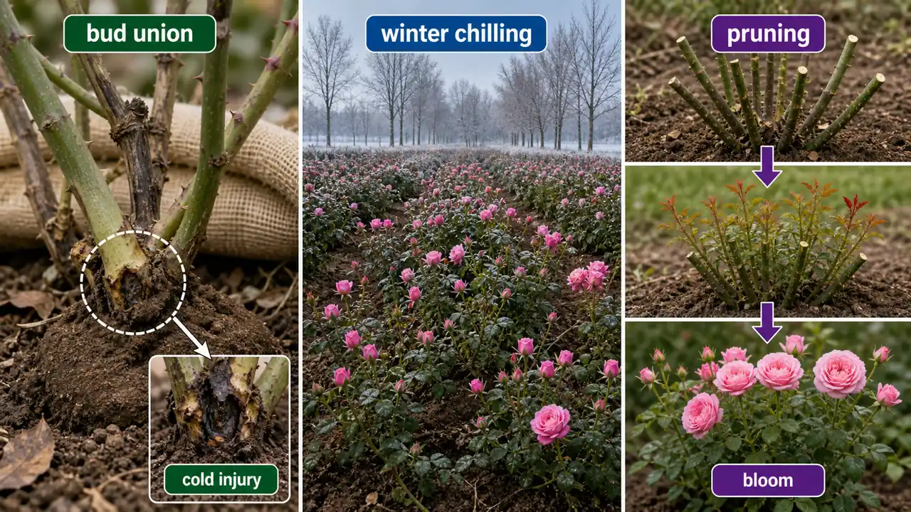 Rose crop management board showing the cold-sensitive bud union, winter chilling in Rosa damascena, and bloom development after pruning