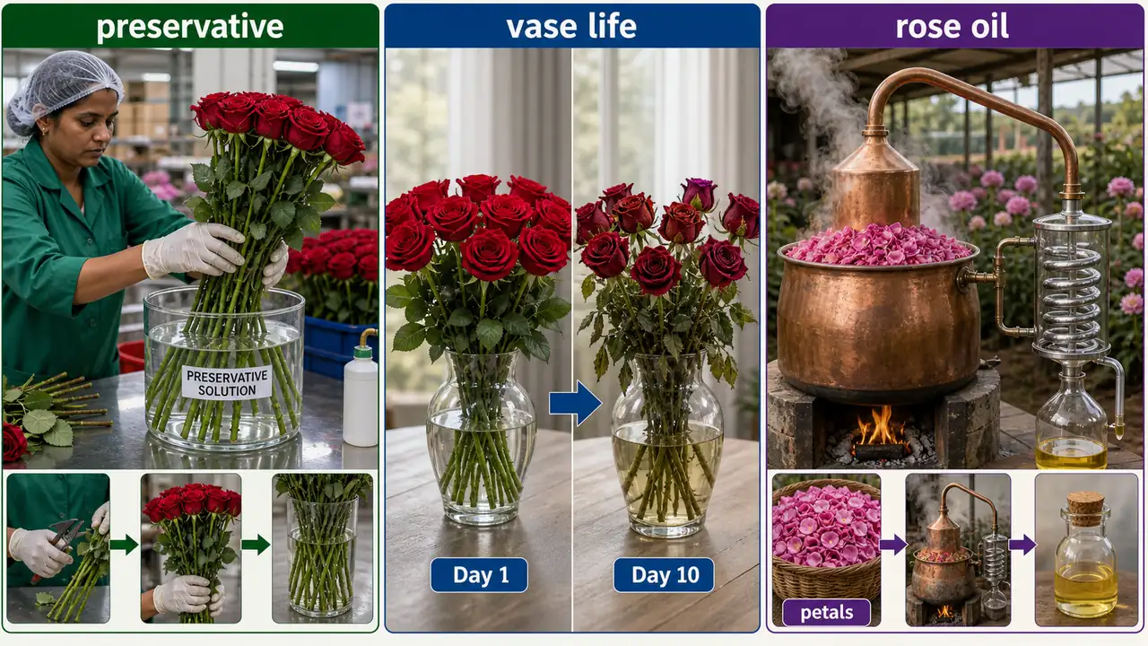 Rose post-harvest handling board showing preservative treatment of cut stems, vase display, and rose-petal distillation for oil