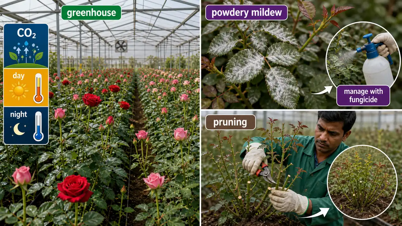 Rose greenhouse management board showing protected cultivation conditions, powdery mildew on foliage, and pruning of rose canes