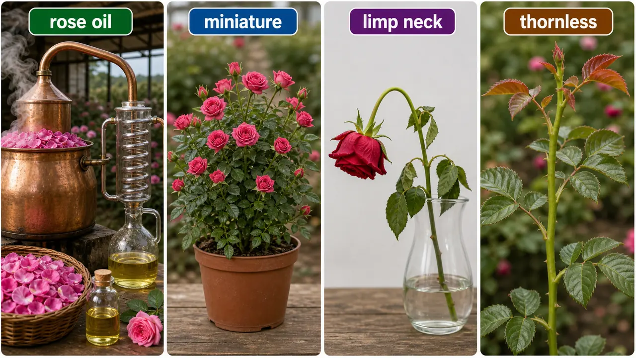 Rose concept board showing rose oil extraction, miniature rose plants, limp neck disorder, and thornless rose stems