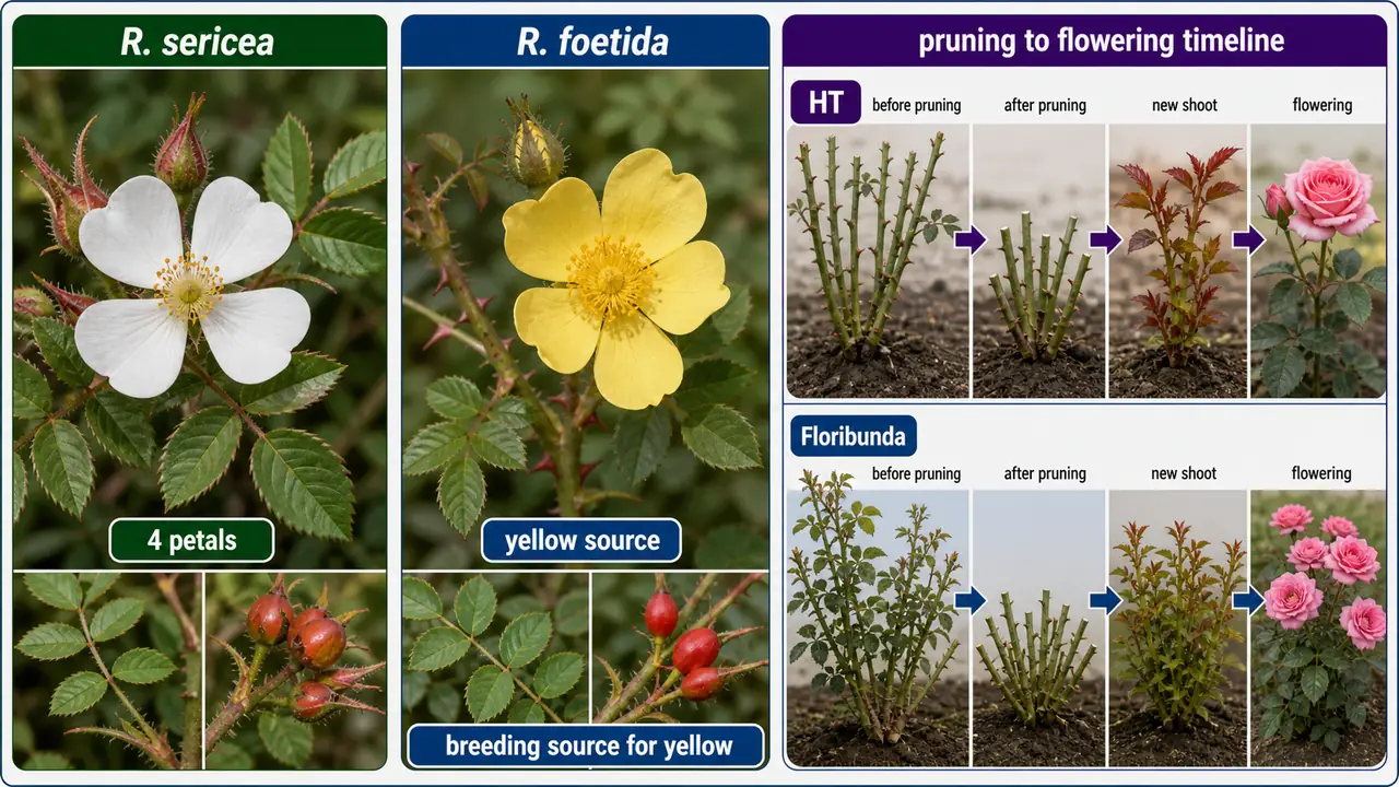 Rose species and flowering comparison showing Rosa sericea with four petals, Rosa foetida as yellow-colour source, and Hybrid Tea versus Floribunda flowering after pruning