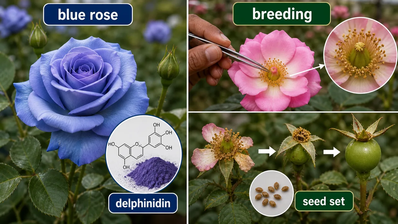 Blue rose pigment and breeding board showing delphinidin linked with blue colour and poor seed setting as a breeding bottleneck