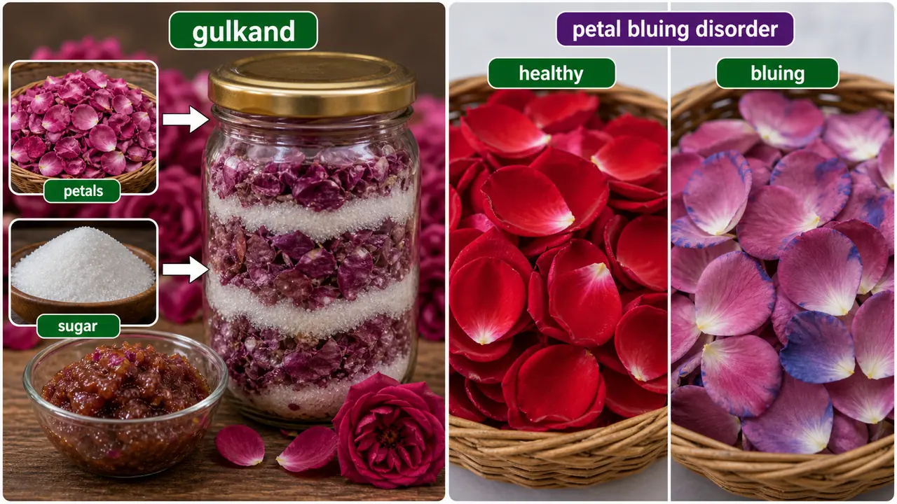 Rose value-addition and disorder board showing gulkand preparation from petals and sugar beside healthy versus blue-shifted petals
