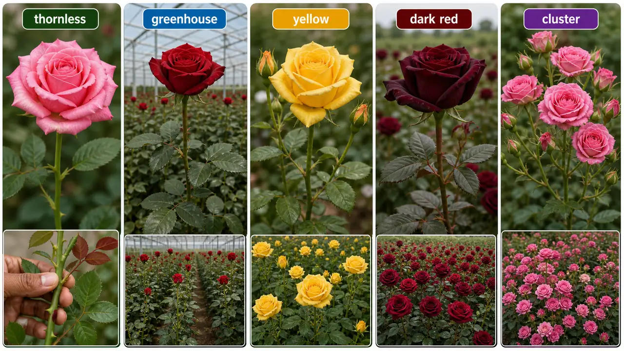 Commercial rose variety-type board showing thornless, greenhouse, yellow, dark-red, and cluster rose forms