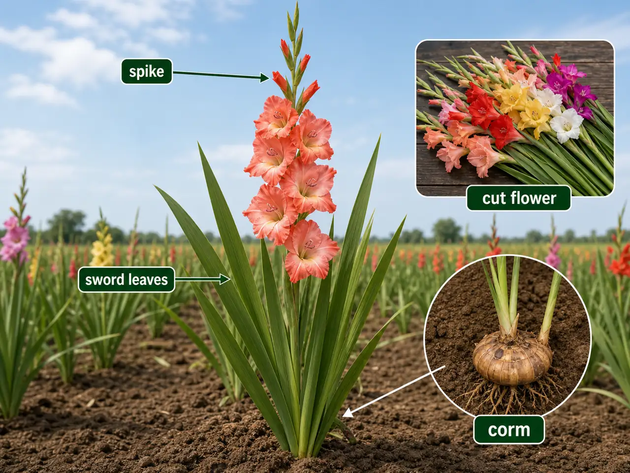 Gladiolus plant diagram showing the flower spike, sword-shaped leaves, underground corm, and cut-flower habit