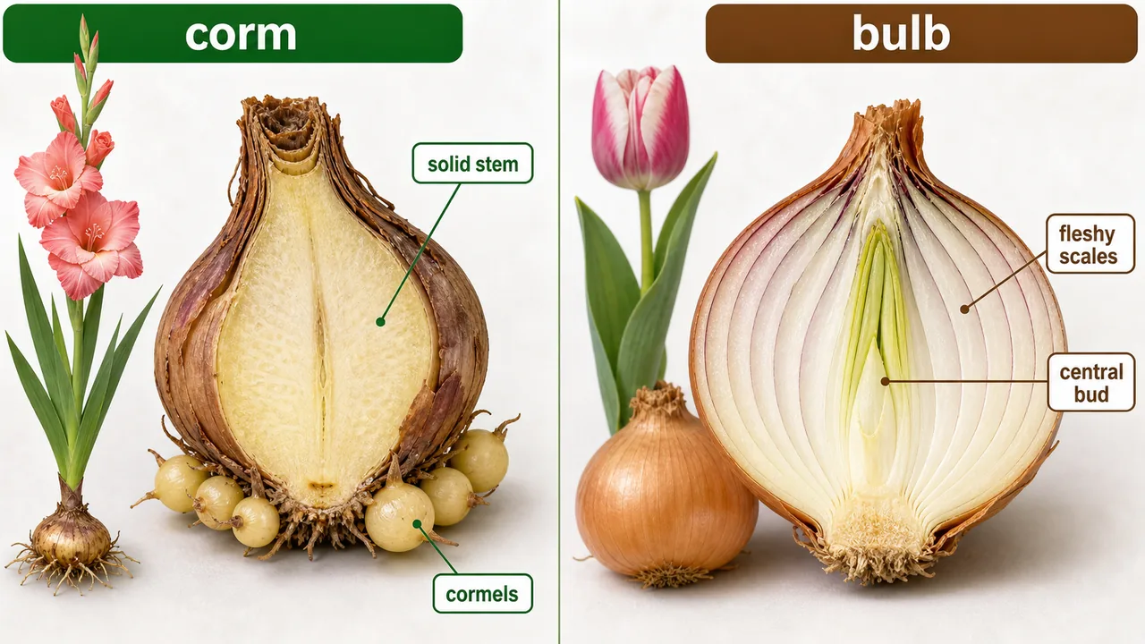 Corm versus bulb comparison showing a solid gladiolus corm with cormels and a layered bulb with fleshy scales