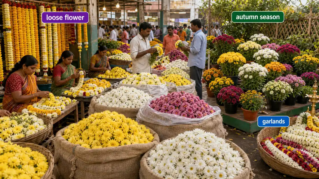 Chrysanthemum market scene showing loose flowers, garland use, and seasonal autumn flower selling in India