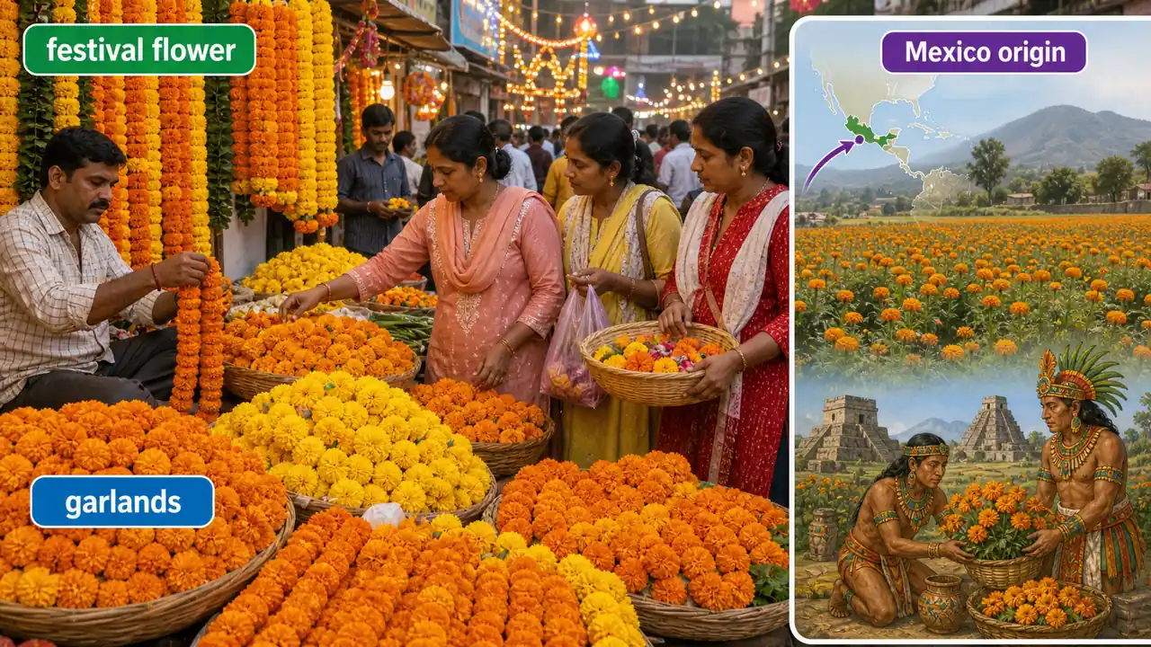 Marigold festival market scene showing garland use in India and a visual cue for Mexico as the crop's origin