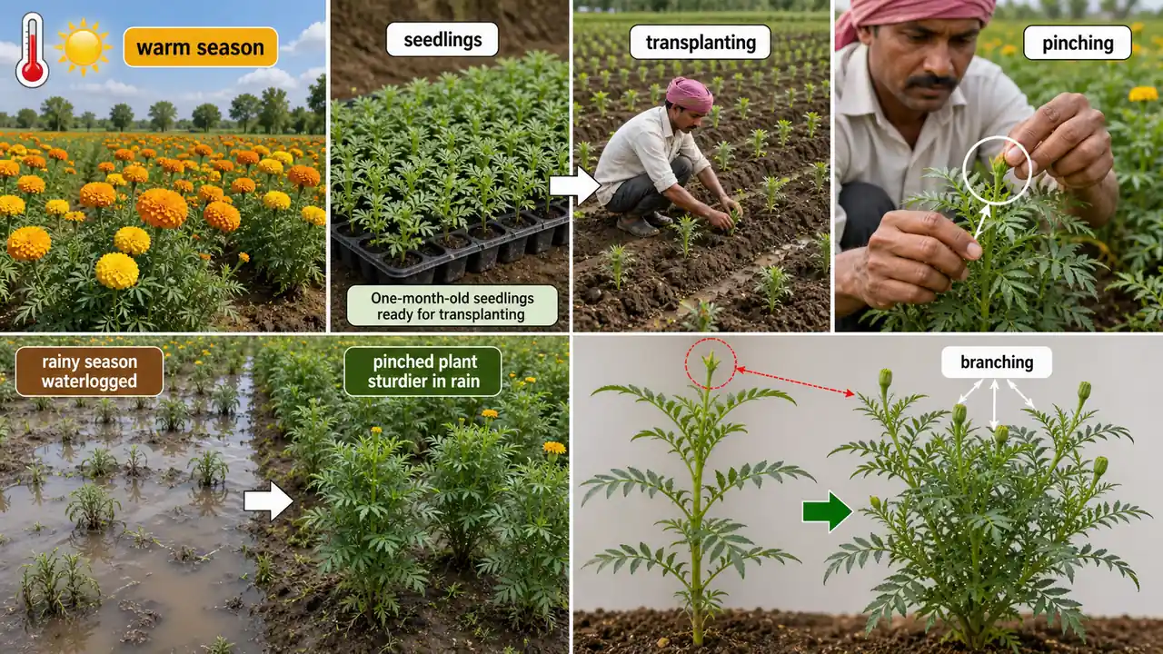Marigold nursery and field management board showing seedlings, transplanting, pinching, branching, and rainy-season crop care