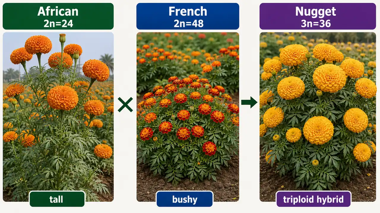 African, French, and Nugget marigold comparison showing plant habit and ploidy relationship from African and French to triploid Nugget