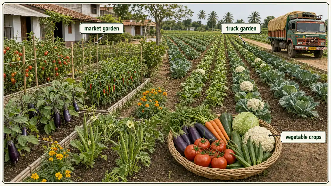 Olericulture overview showing market garden near homes, truck garden fields, and mixed vegetable crops in one Indian farm landscape