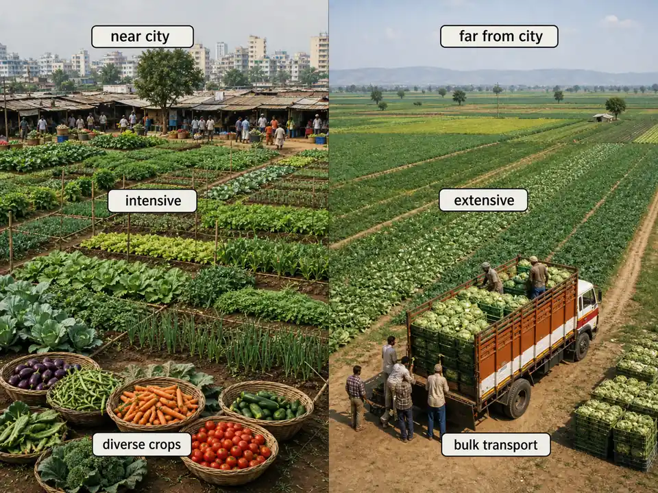 Market garden versus truck garden comparison showing intensive plots near city markets and large bulk-transport vegetable fields