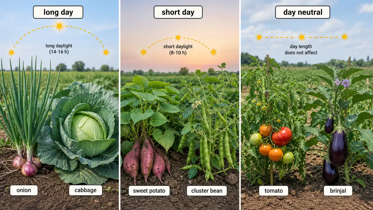 Vegetable photoperiod response comparison showing long-day, short-day, and day-neutral crops under different daylight conditions