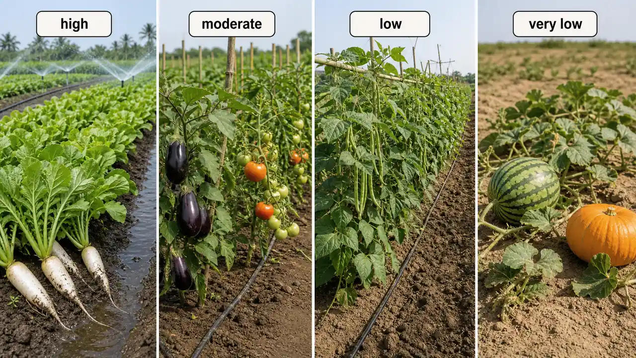 Water requirement comparison for vegetable crops showing high, moderate, low, and very low irrigation demand groups