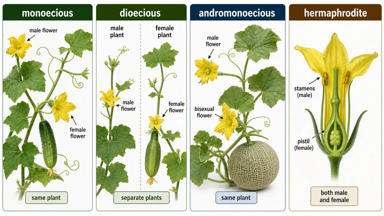 Sex expression in vegetable crops showing monoecious, dioecious, andromonoecious, and hermaphrodite flower arrangements