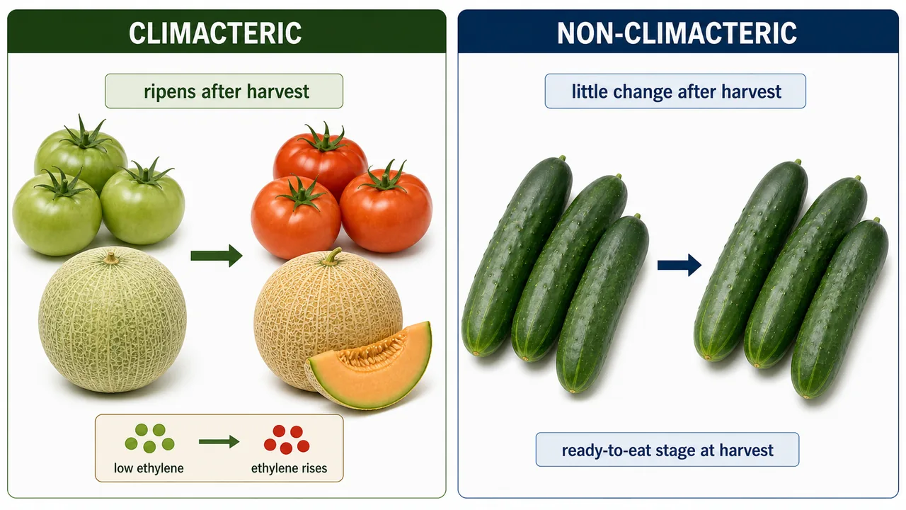 Climacteric versus non-climacteric vegetables showing post-harvest ripening in tomato and muskmelon compared with cucumber