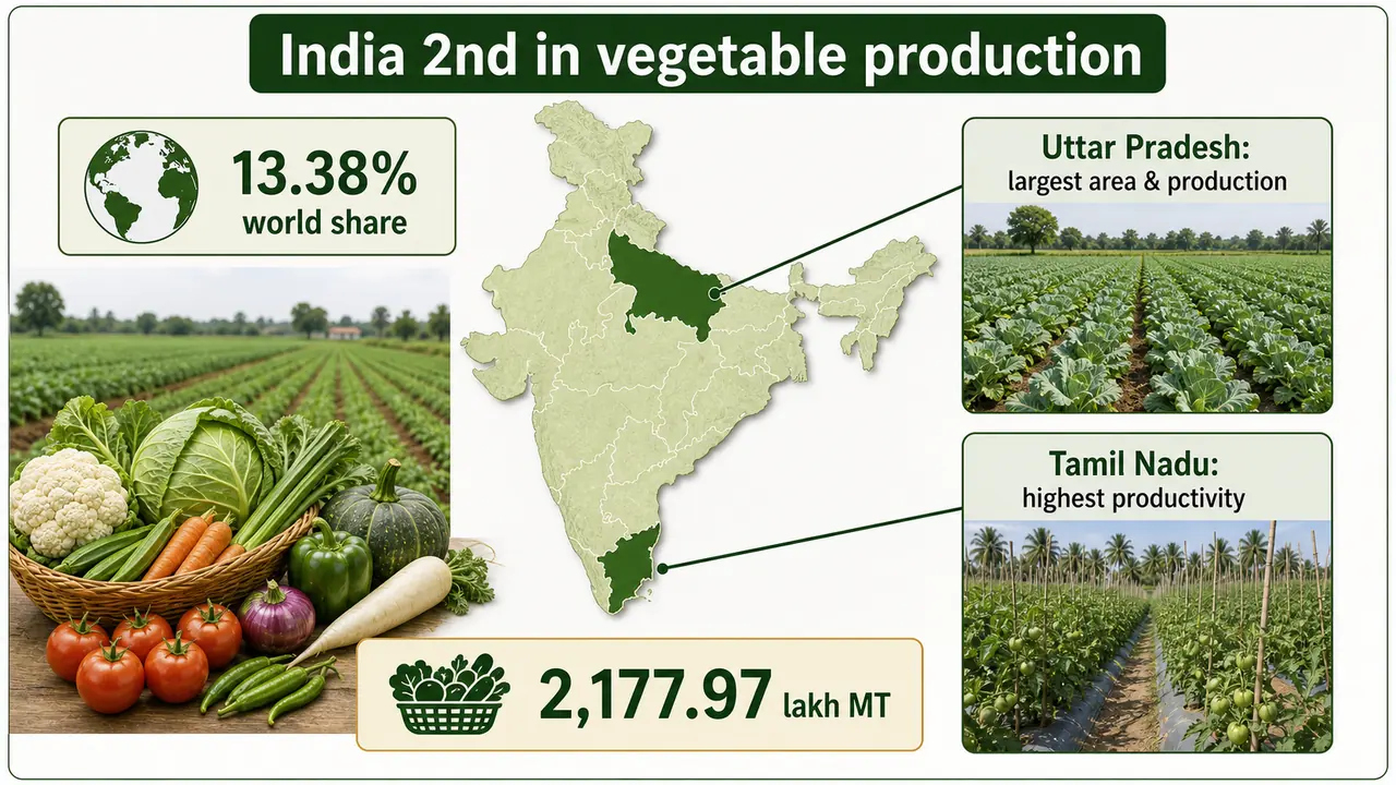 India vegetable production overview showing national rank, world share, Uttar Pradesh leadership, and Tamil Nadu productivity