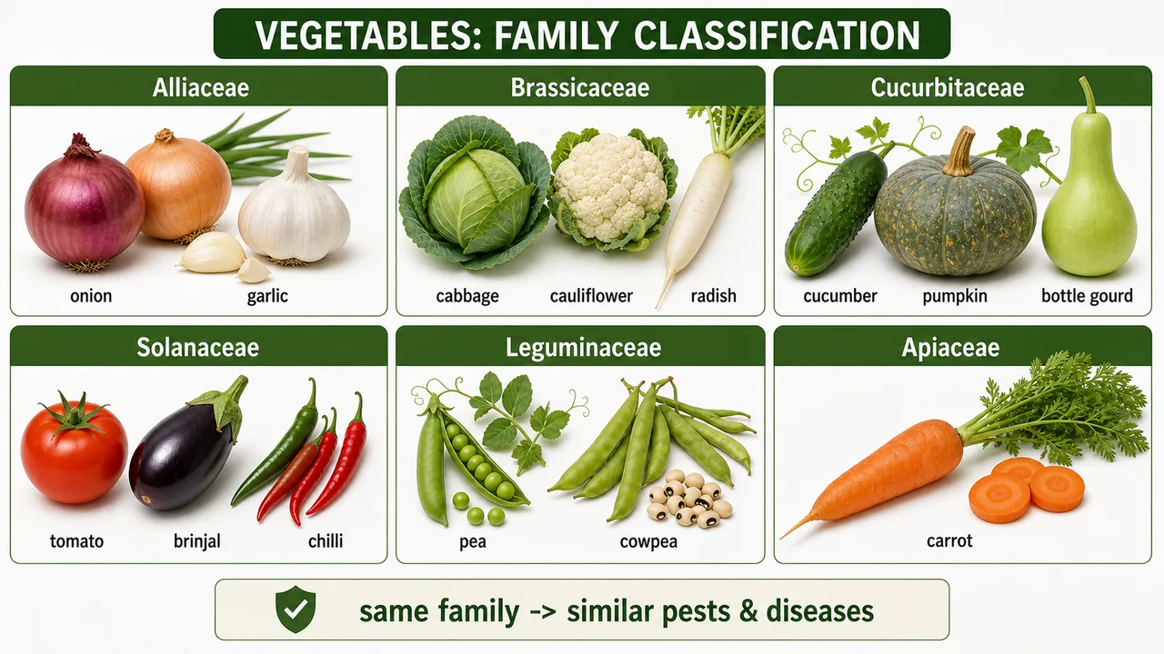 Botanical classification of vegetables showing grouped crop examples under Alliaceae, Brassicaceae, Cucurbitaceae, Solanaceae, Leguminaceae, and Apiaceae