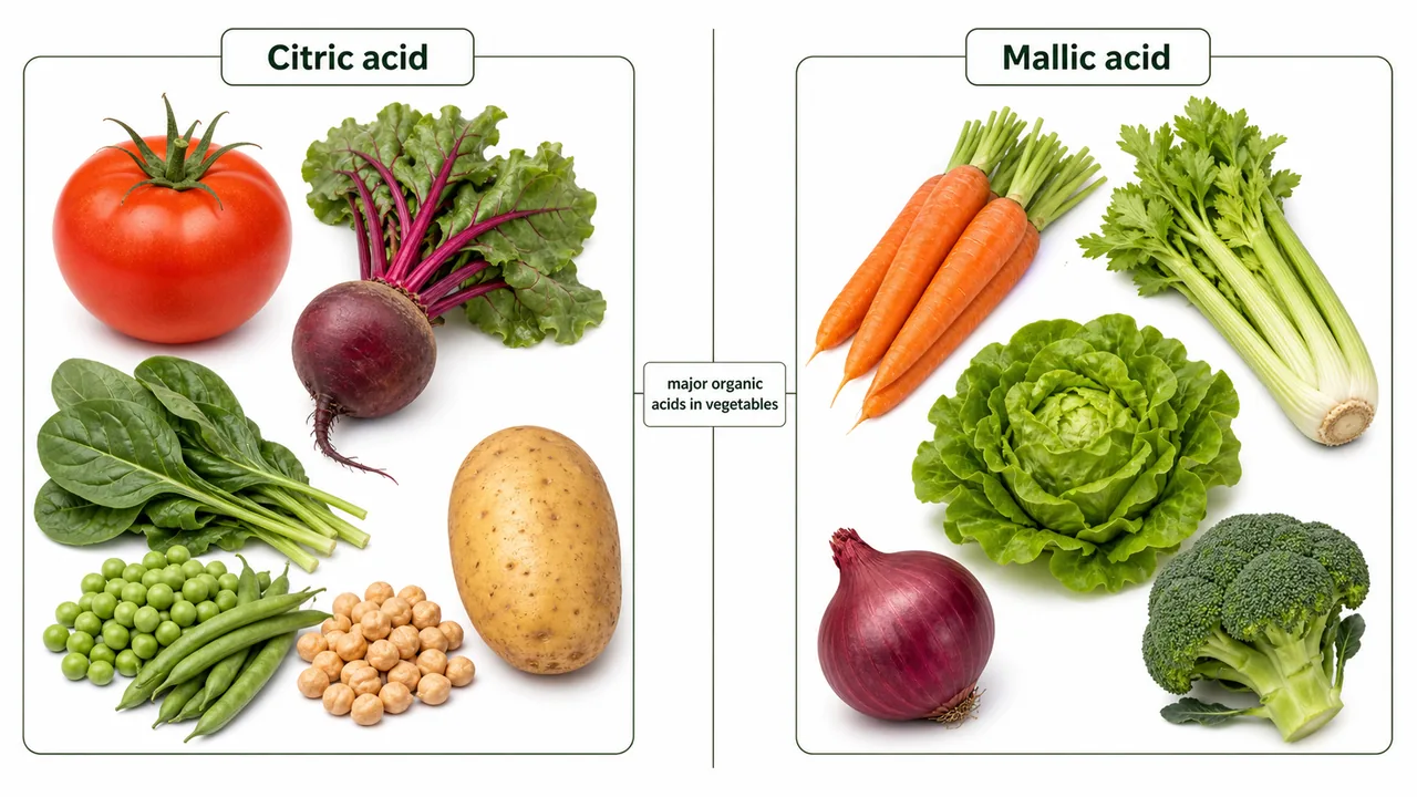 Vegetable acid comparison showing citric acid crops like tomato beetroot leafy vegetables legumes and potato versus mallic acid crops like carrot celery lettuce onion and broccoli