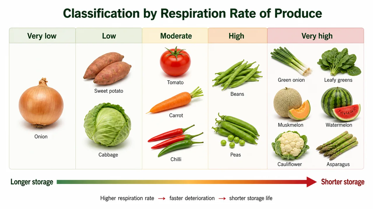 Respiration rate classes of vegetable produce from very low onion to very high green onion leafy greens muskmelon watermelon cauliflower and asparagus with storage-life gradient