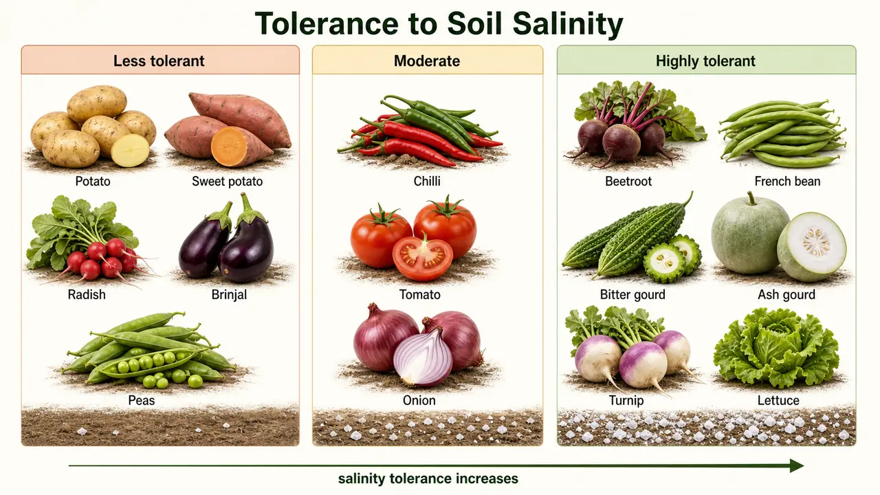Vegetable salinity tolerance comparison showing less tolerant crops like potato sweet potato radish brinjal and peas, moderate crops like chilli tomato and onion, and highly tolerant crops like beetroot French bean bitter gourd ash gourd turnip and lettuce