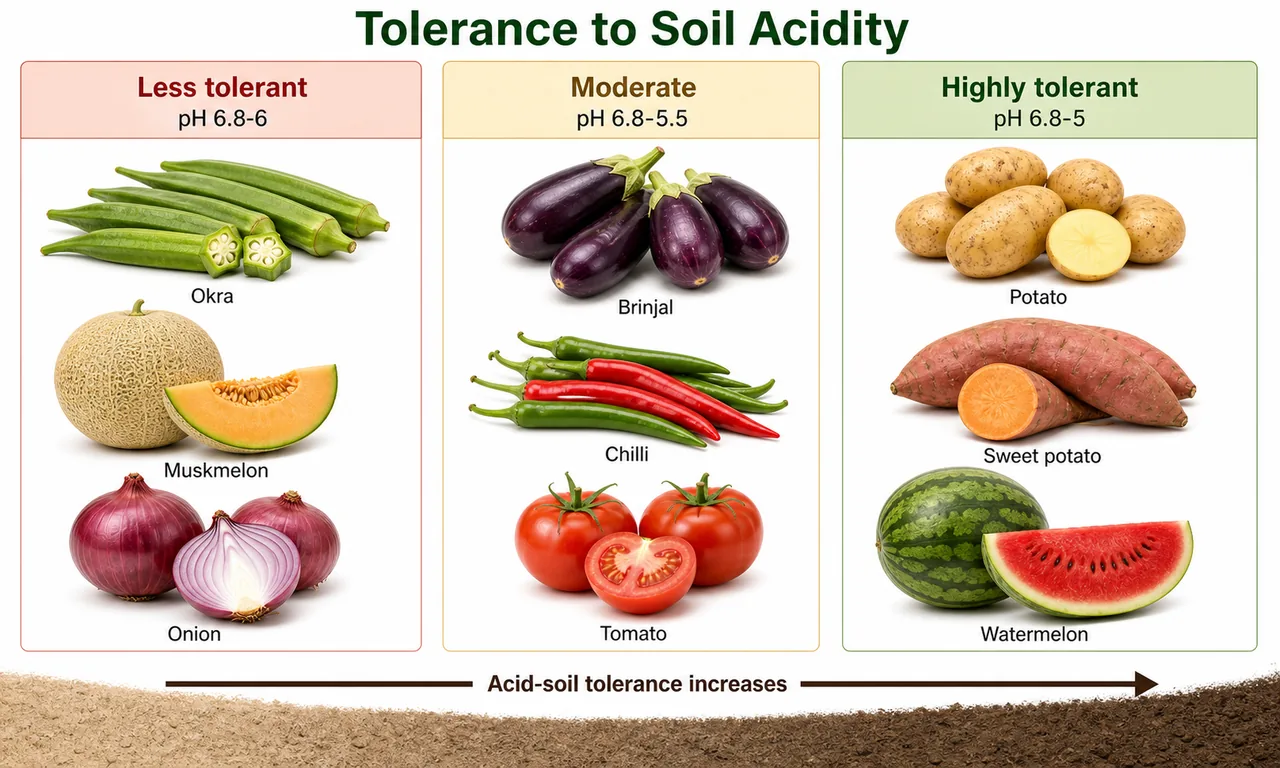 Vegetable tolerance to soil acidity showing less tolerant okra muskmelon and onion, moderate brinjal chilli and tomato, and highly tolerant potato sweet potato and watermelon across lower pH ranges
