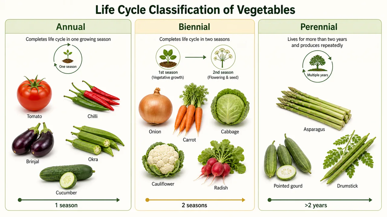 Life cycle classification of vegetables showing annual crops like tomato chilli brinjal okra and cucumber, biennial crops like onion carrot cabbage cauliflower and radish, and perennial crops like asparagus pointed gourd and drumstick