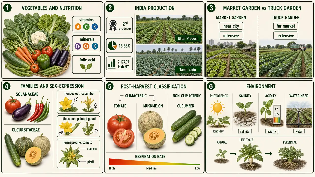Olericulture summary cheat sheet visual showing vegetable nutrition, India production, market versus truck garden, families and sex expression, post-harvest classification, and environmental crop factors