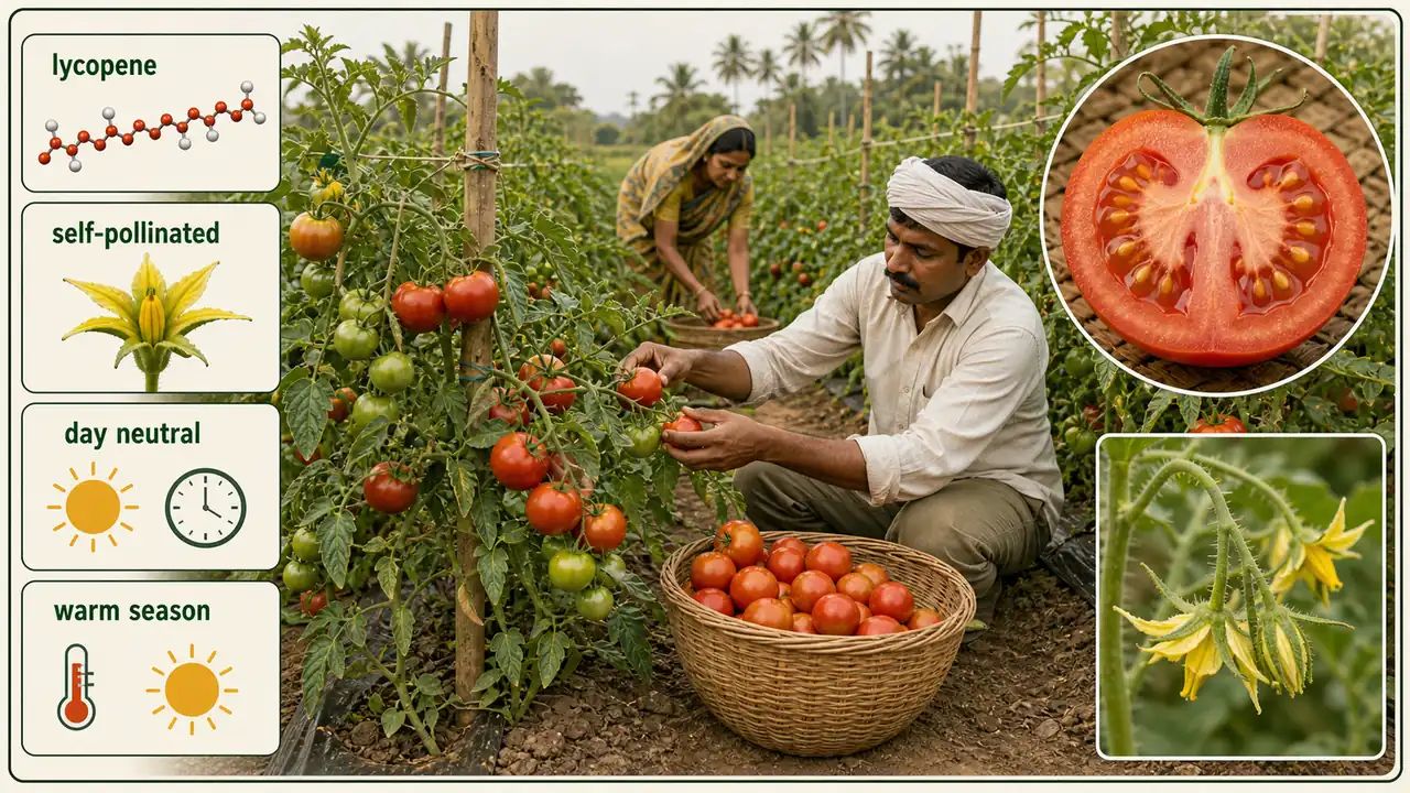 Tomato intro overview showing lycopene-rich ripe fruits, self-pollinated flowers, and the day-neutral warm-season crop in an Indian field