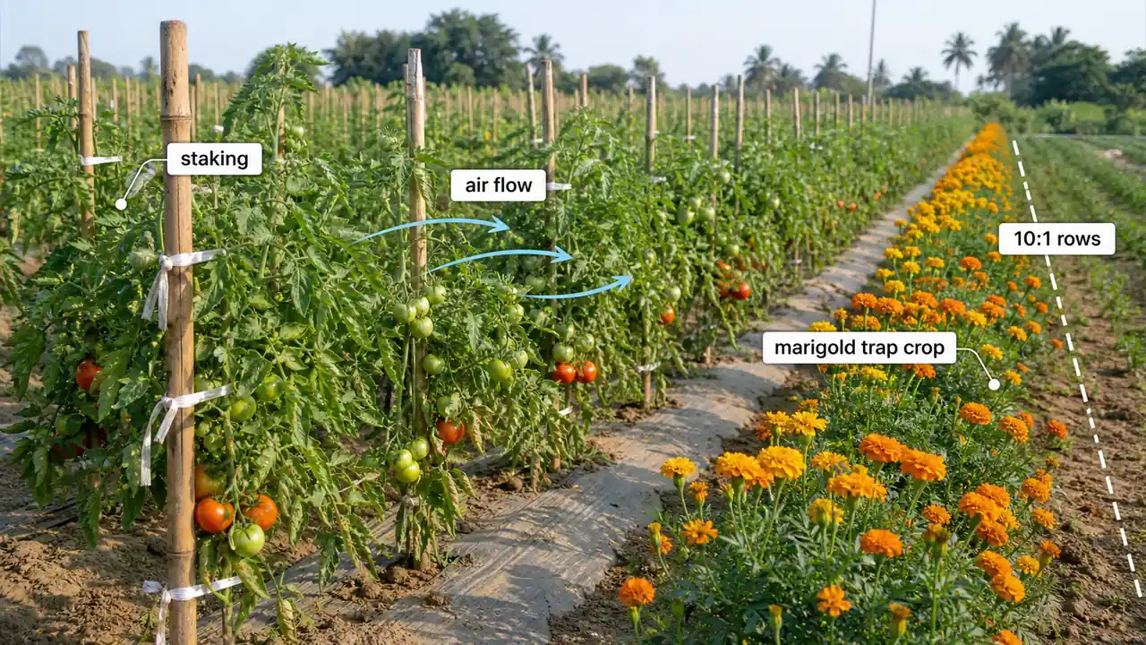 Tomato staking and marigold trap crop layout showing support ties, air flow, and 10 to 1 row planting pattern