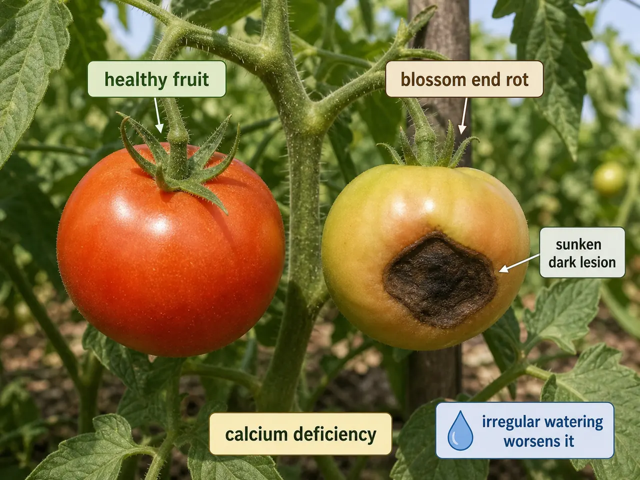 Tomato blossom end rot comparison showing healthy fruit and calcium-deficiency fruit with dark sunken lesion at the blossom end