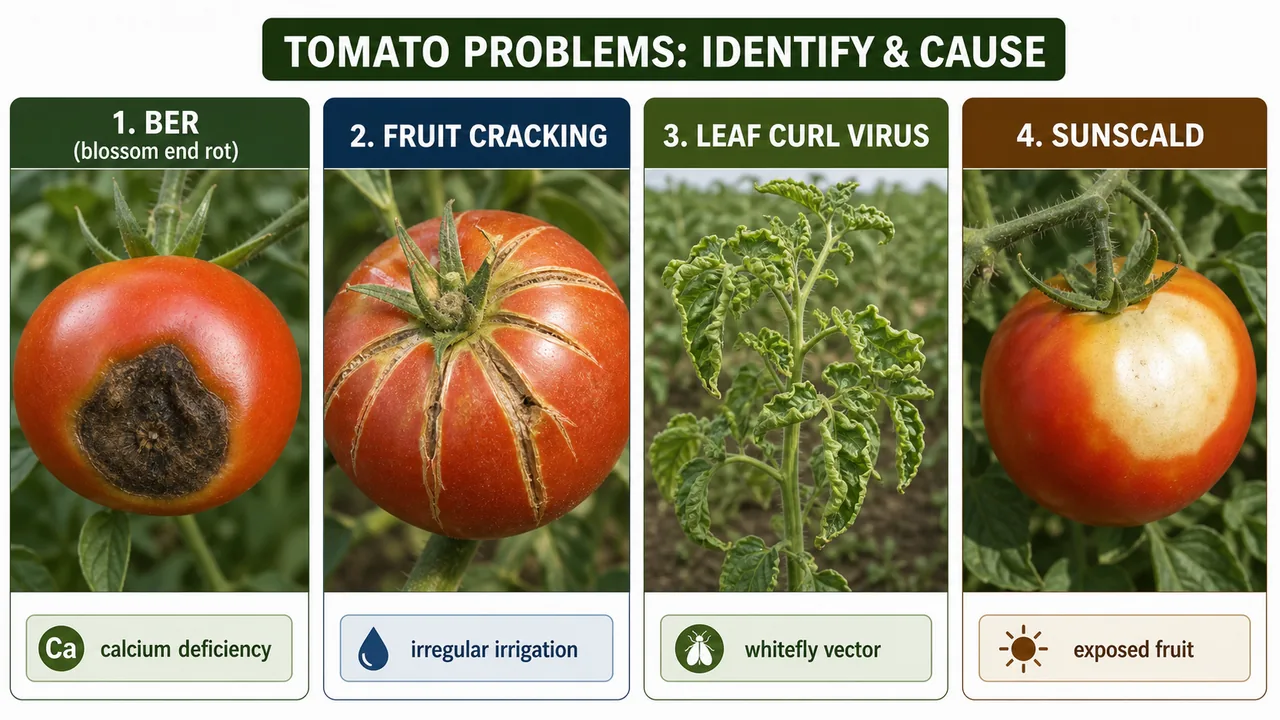 Tomato field problem diagnosis board showing blossom end rot, fruit cracking, leaf curl virus, and sunscald symptoms