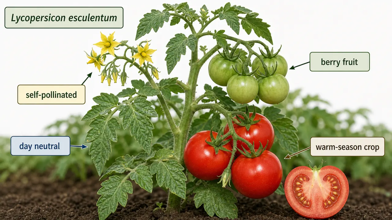 Tomato botanical identity visual showing Lycopersicon esculentum plant, berry fruit, ripe and unripe fruits, and self-pollinated warm-season habit