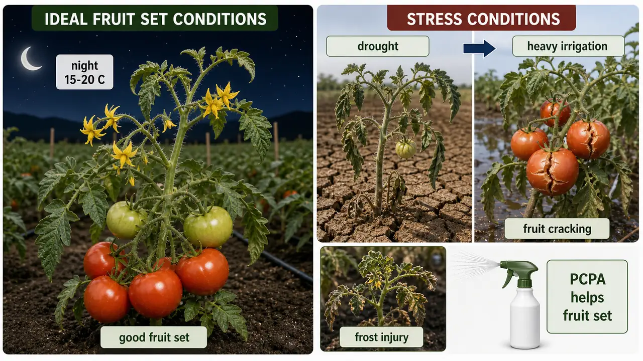 Tomato climate and growing conditions visual showing ideal night temperature for fruit set, fruit cracking after drought and heavy irrigation, and frost injury risk